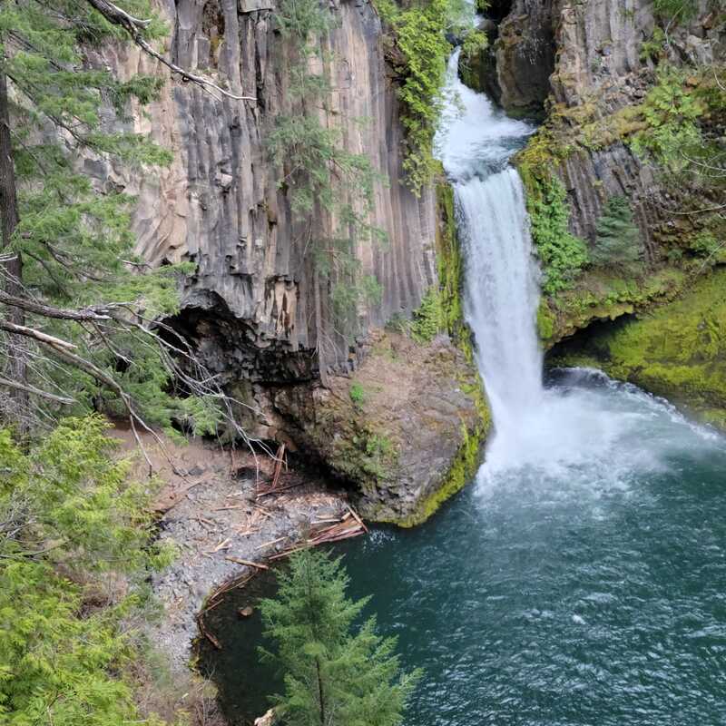 Carved from ancient columnar basalt, Toketee Falls drops approximately 120 feet (37 m) in two stages.

With a reliable water flow on the North Umpqua River, the falls avoids the seasonal fluctuations of other creek-fed waterfalls in Oregon. 